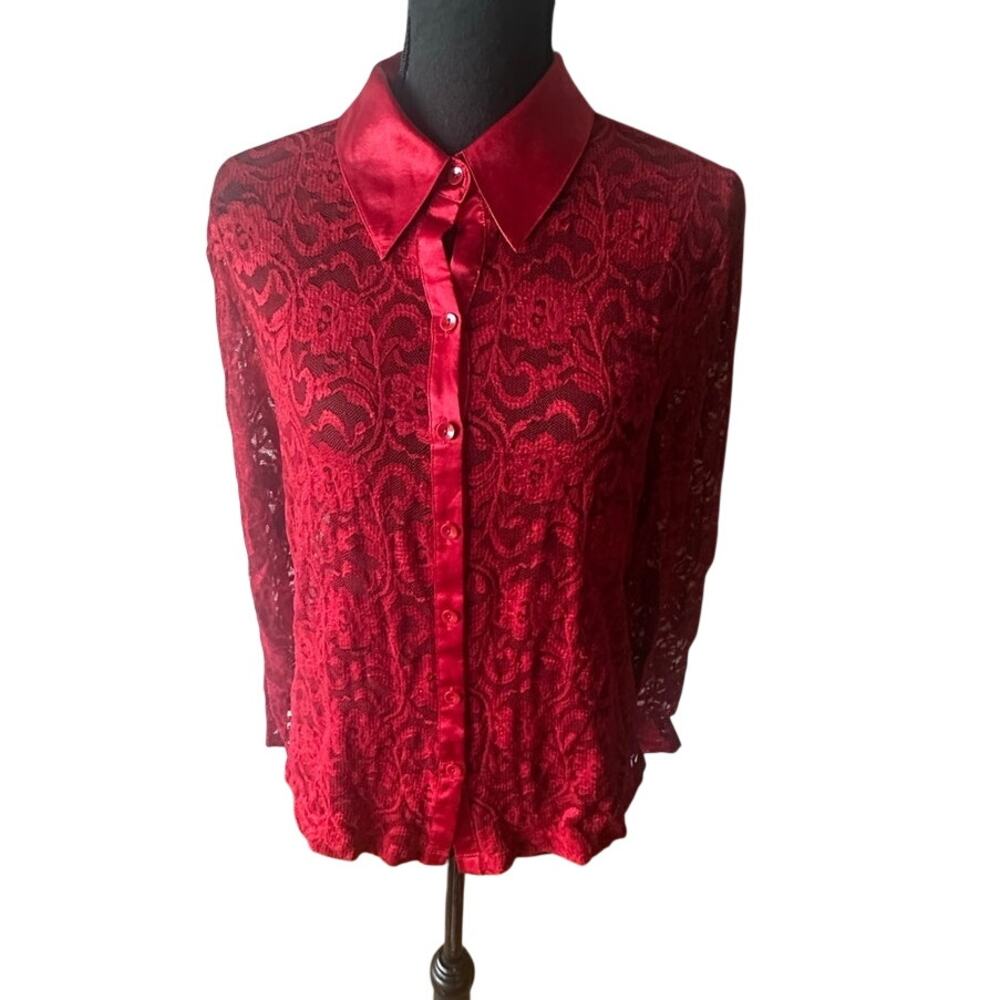 Fashion Bug Red Lace Button Down Shirt L Romantic Sheer Vintage Style Top